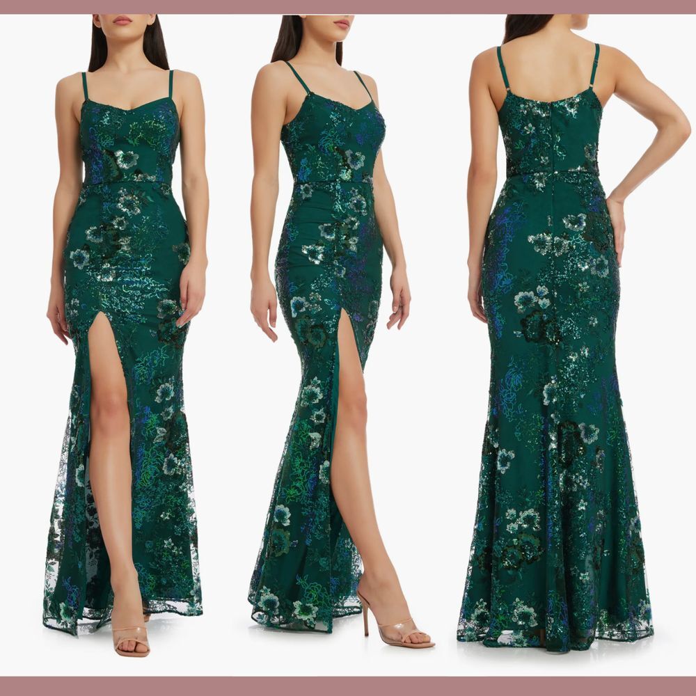 NWT Dress The Population‎ [ XXS ] Tori Floral Sequin Mermaid Gown Green Emerald